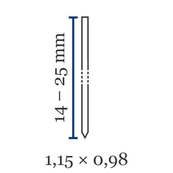 Stift BeA S 100 Främsta kännetecken för stift av typen BeA S 100:Spikhuvud (mm): n/a - utan huvudLängd (mm): 14–25Trådtjocklek (l×b i mm): 1,15×0,98Material: stålSpets: diamantspets