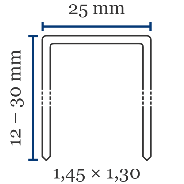 Bredtrådsklammer BeA 140 Främsta kännetecken för klammer av typen BeA 140:Ryggbredd (mm): 25Benlängd (mm): 12-30Trådtjocklek (l×b i mm): 1,45×1,30Material (som standard): stålKan också fås i: aluminiumSpets: mejselspets, kan även fås med D-spets (spets med sågsnitt)