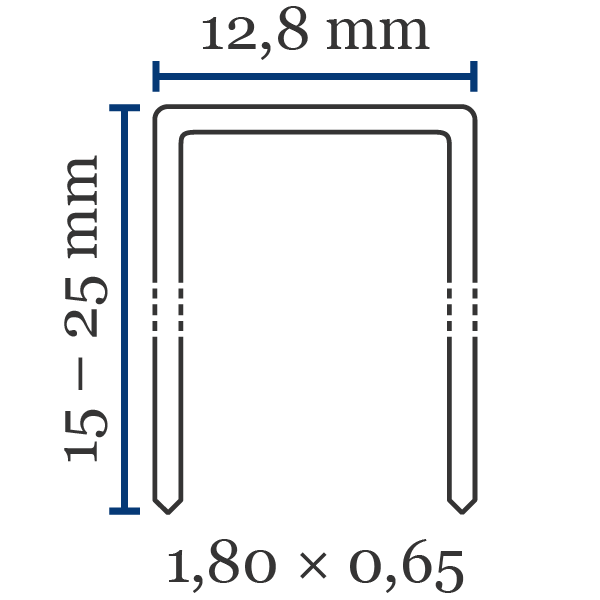 Bredtrådsklammer BeA 195 Främsta kännetecken för klammer av typen BeA 195:Ryggbredd (mm): 12,8Benlängd (mm): 15–25Trådtjocklek (l×b i mm): 1,80×0,65Material (som standard): stålKan också fås i: förzinkat stålSpets: mejselspetsKlammer till  BeA195/25-526.