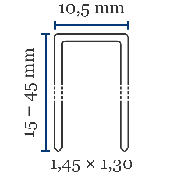 Klammer BeA 14 Främsta kännetecken för klammer av typen BeA 14:Ryggbredd (mm): 10,5Benlängd (mm): 15–45Trådtjocklek (l×b i mm): 1,45×1,30Material (som standard): stålFinns också i: rostfritt stålSpets: mejselspets,  kan även fås med D-spets (sågsnitt)