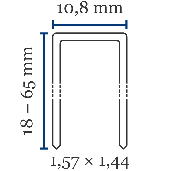 Klammer BeA 155 (16) Främsta kännetecken för klammer av typen BeA 155 (16)Ryggbredd (mm): 10,8Benlängd (mm): 18–65Trådtjocklek lxb (mm): 1,57×1,44Material (som standard): stålKan också fås i: rostfritt stålSpets: mejselspets