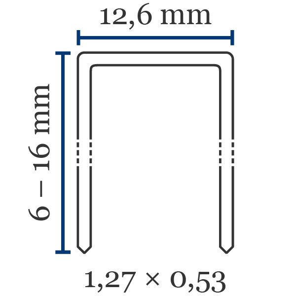 Klammer BeA 95 Främsta kännetecken för klammer av typen BeA 95:Ryggbredd (mm): 12,6Benlängd (mm): 6–16Trådtjocklek (l×b i mm): 1,27×0,53Material (som standard): stålKan också fås i: rostfritt stål, förzinkat stål eller härdat stål Spets: mejselspets