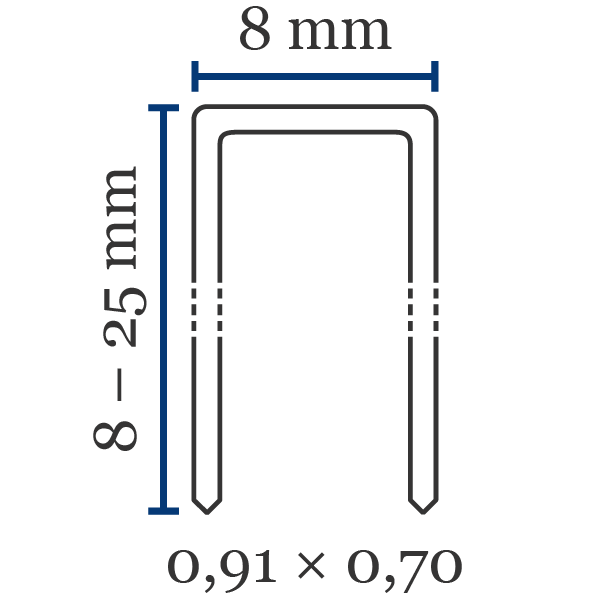 Klammer BeA 98 Främsta kännetecken för klammer av typen BeA 98:Ryggbredd (mm): 8Benlängd (mm): 8–25Trådtjocklek (l×b i mm): 0,91×0,70Material (som standard): stålKan också fås i: rostfritt stålSpets: mejselspets, kan även fås med D-spets (spets med sågsnitt)