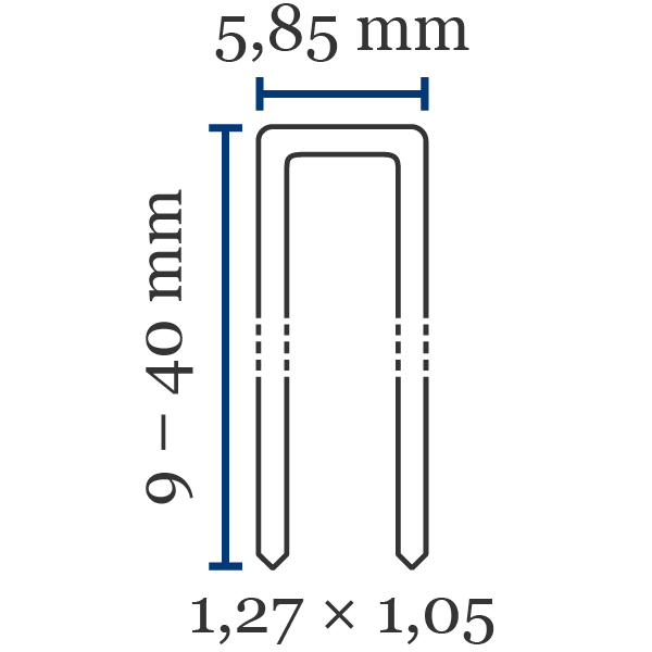 Klammer BeA 90 Främsta kännetecken för klammer av typen BeA 90:Ryggbredd (mm): 5,85Benlängd (mm): 9-40Trådtjocklek (l×b i mm): 1,27×1,05Material (som standard): stålKan också fås i: svart, förzinkat stålSpets: mejselspets