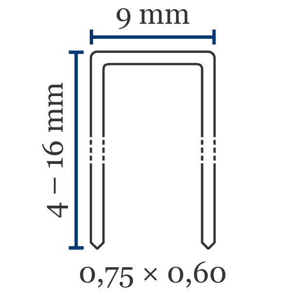 Klammer BeA 71 Främsta kännetecken för klammer av typen BeA 71:Ryggbredd (mm): 9Benlängd (mm): 4–16Trådtjocklek (l×b i mm): 0,75×0,60Material (som standard): stålKan också fås i: svart, förzinkat stålSpets: mejselspets