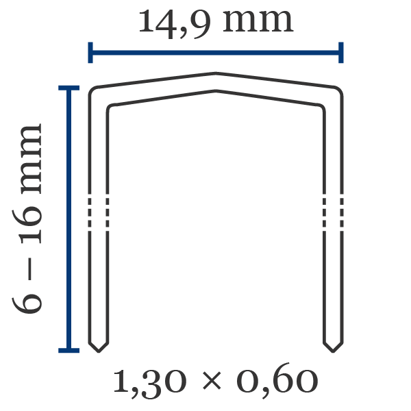 Klammer JK53 Främsta kännetecken för klammer typ JK53:Ryggbredd (mm): 14,9Benlängd (mm): 6–16Trådtjocklek (l×b i mm): 1,30×0,60Material (som standard): stålKan också fås i: förkopprat, förzinkat stålSpets: mejselspets