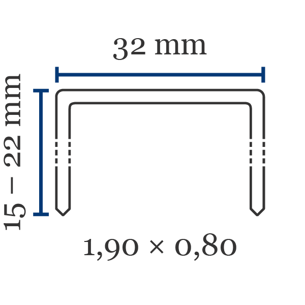 Klammer JK561 Främsta kännetecken för klammer av typen JK561:Ryggbredd (mm): 32,2Benlängd (mm): 12-22Trådtjocklek l×b (mm): 1,90×0,80Material (som standard): stålKan också fås i: förkopprat, förzinkat stålSpets: mejselspets