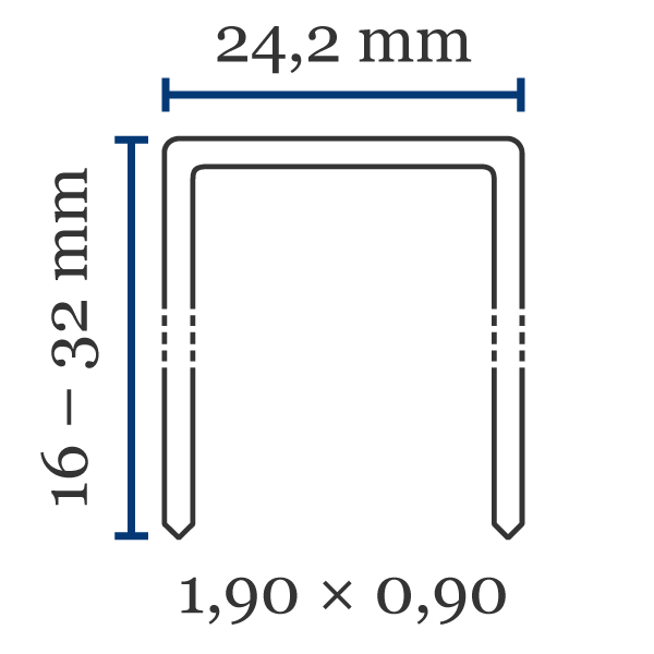 Klammer JK590 Främsta kännetecken för klammer av typen JK590:Ryggbredd (mm): 24,2Benlängd (mm): 16–32Trådtjocklek (l×b i mm): 1,90×0,90Material (som standard): stålKan också fås i: förkopprat, förzinkat stålSpets: mejselspets
