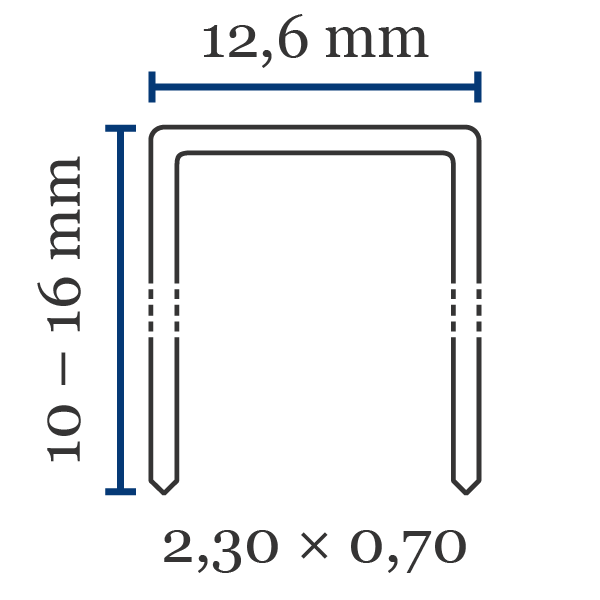 Klammer JK777 Främsta kännetecken för klammer av typen JK777:Ryggbredd (mm): 12,3Benlängd (mm): 10-16Trådtjocklek (l×b i mm): 2,3×0,7Material som standard: stålFinns som: förkopprat, förzinkat stålSpets: mejselspets