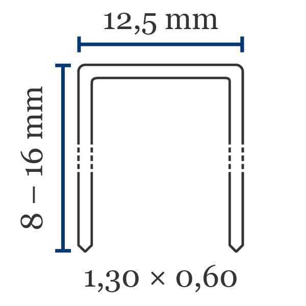 Klammer JK779 Främsta kännetecken för klammer av typen JK779:Ryggbredd (mm): 12,5Benlängd (mm): 8–16Trådtjocklek (l×b i mm): 1,30×0,60Material (som standard): stålKan också fås i: förkopprat, förzinkat stålSpets: mejselspets