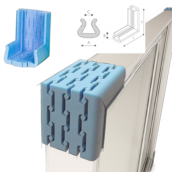 Nomapack U Tulip Stretch Corner Nomapack U-serien består av produkter som ger utmärkt kant- och hörnskydd för varje tillfälle. Formen gör att skyddet greppar kanter och sitter säkert för en mängd applikationer. Kant- och hörnskydden är tillverkade av PE-LD-skum. Nomapack U Tulip Stretch Corner ger ett optimalt skydd av hörn och är lätta att sätta fast. De har ett patenterat system för att nå en bredd av 160 mm.Passar för: Bord, hyllor, möbeldelar, förråd, speglar, glas, keramik, ramar och mycket annat.Färg: Standard blå.Förpackning: Styckvis i kartong.Kontakta oss gärna för ytterligare information och pris.Måttangivelserna förklaras i skissen.Storlek:Typ: 100-120 StretchStorlek (AxBxCxDxE=F): 120-160x21x100-140x200 mm